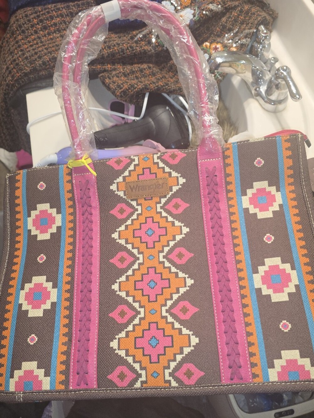 Wrangler Brown Shoulder Bag with Pink and Orange Woven Trim